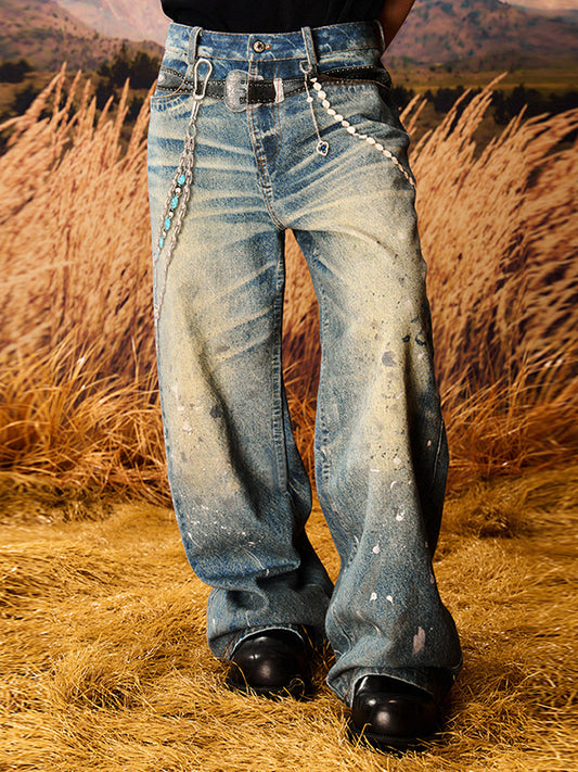 Chain Detail Paint Print Wide Leg Denim Jeans WN23228