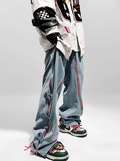 Zipper Strap Multi Pocket Wide Leg Denim Jeans WN24003