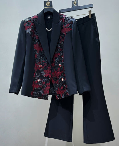 Patchwork Embroidery Tailored Jacket & Flare Trousers Setup WN23917