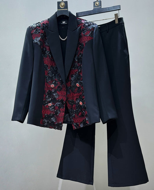 Patchwork Embroidery Tailored Jacket & Flare Trousers Setup WN23917