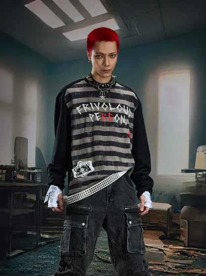Graffiti Letter Print Stripe Long Sleeve T-Shirt WN20561