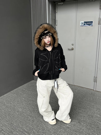 Fake Fur Collar Studs Detail Zipper Hoodie WN24184