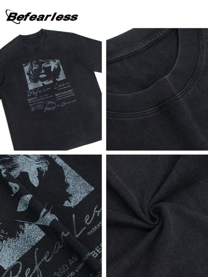 Washed Portrait Print Oversize Short Sleeve T-Shirt WN26304