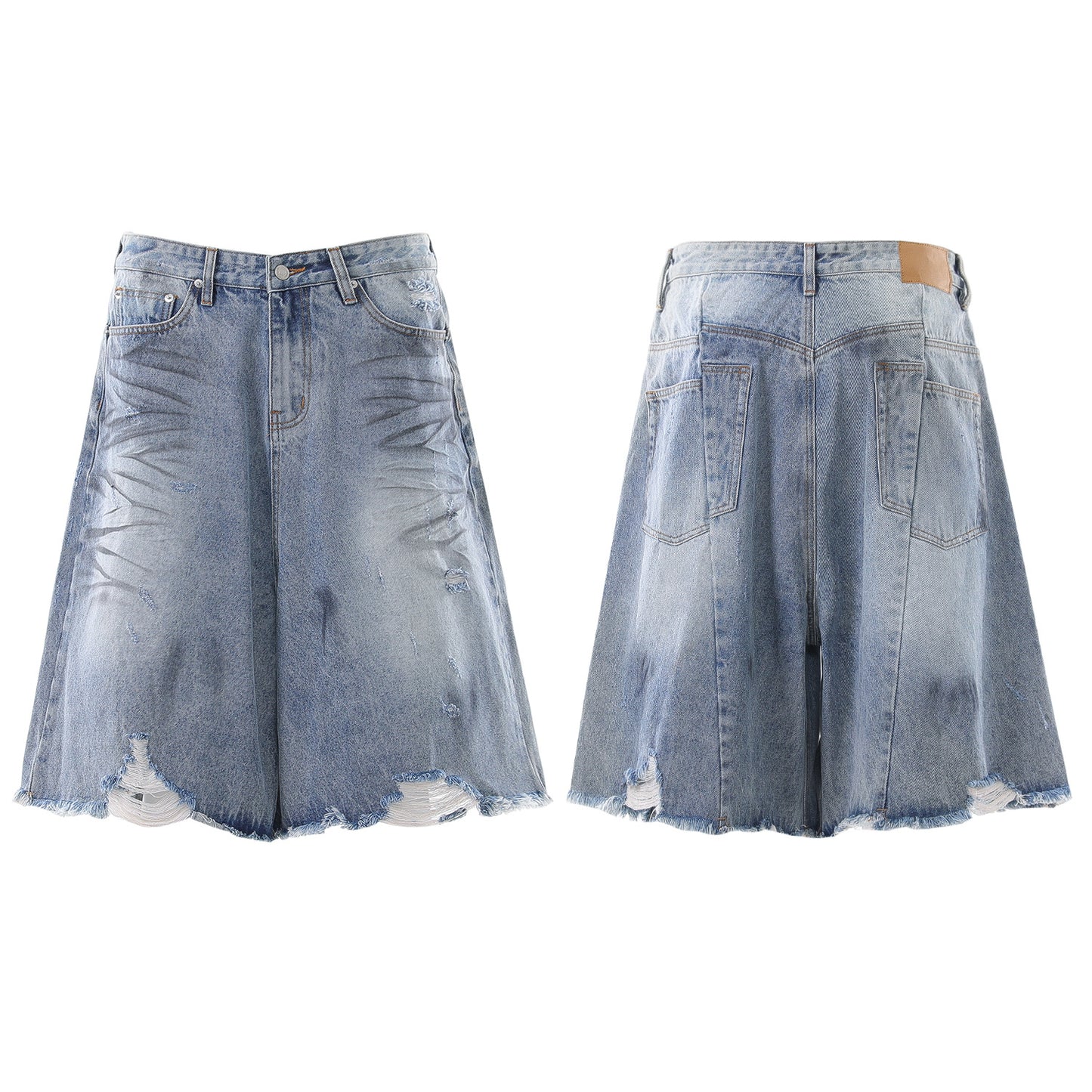Whisker Washed Wide Leg Denim Half Jeans WN25946