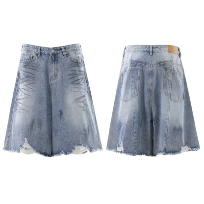 Whisker Washed Wide Leg Denim Half Jeans WN25946
