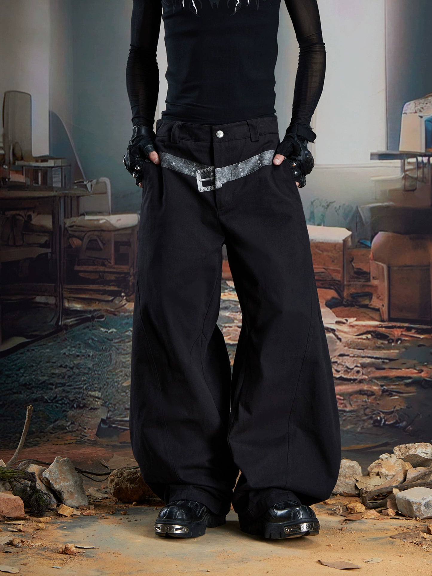 Belt Print Wide Leg Trousers WN21332