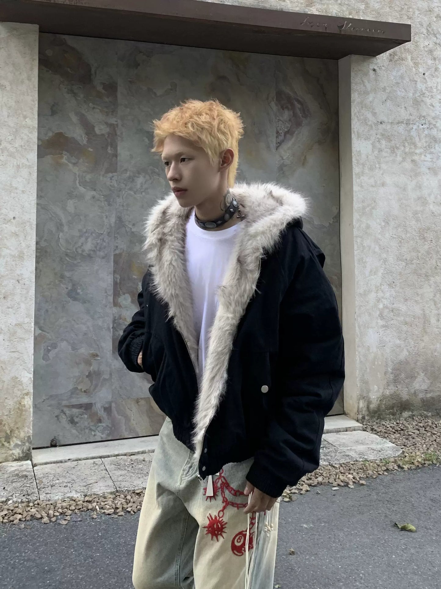 Hooded Fake Fur Canvas Padded Jacket WN22231