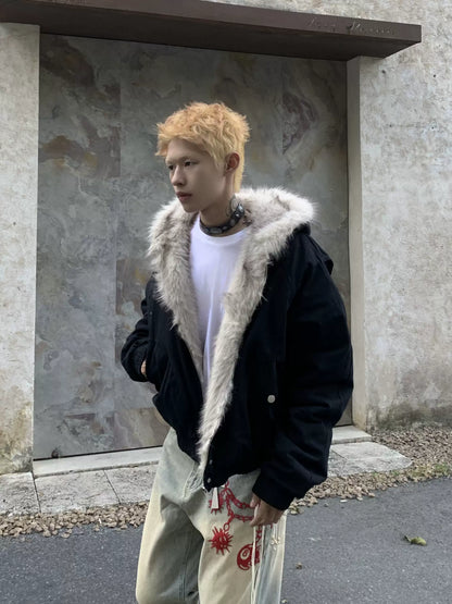 Hooded Fake Fur Canvas Padded Jacket WN22231