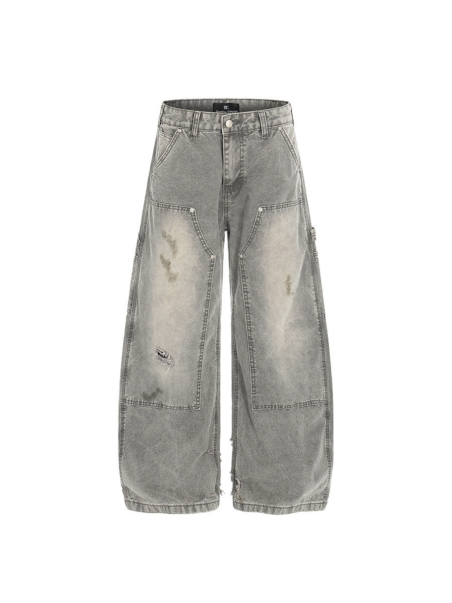 Damage Wash Pocket Wide Leg Cargo Denim Jeans WN24181