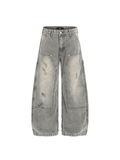 Damage Wash Pocket Wide Leg Cargo Denim Jeans WN24181