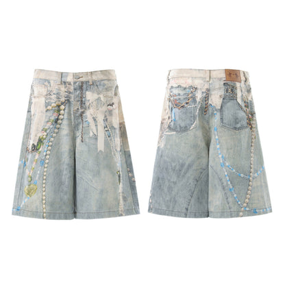 Pearl Chain Collage Print Denim Half Jeans WN25425