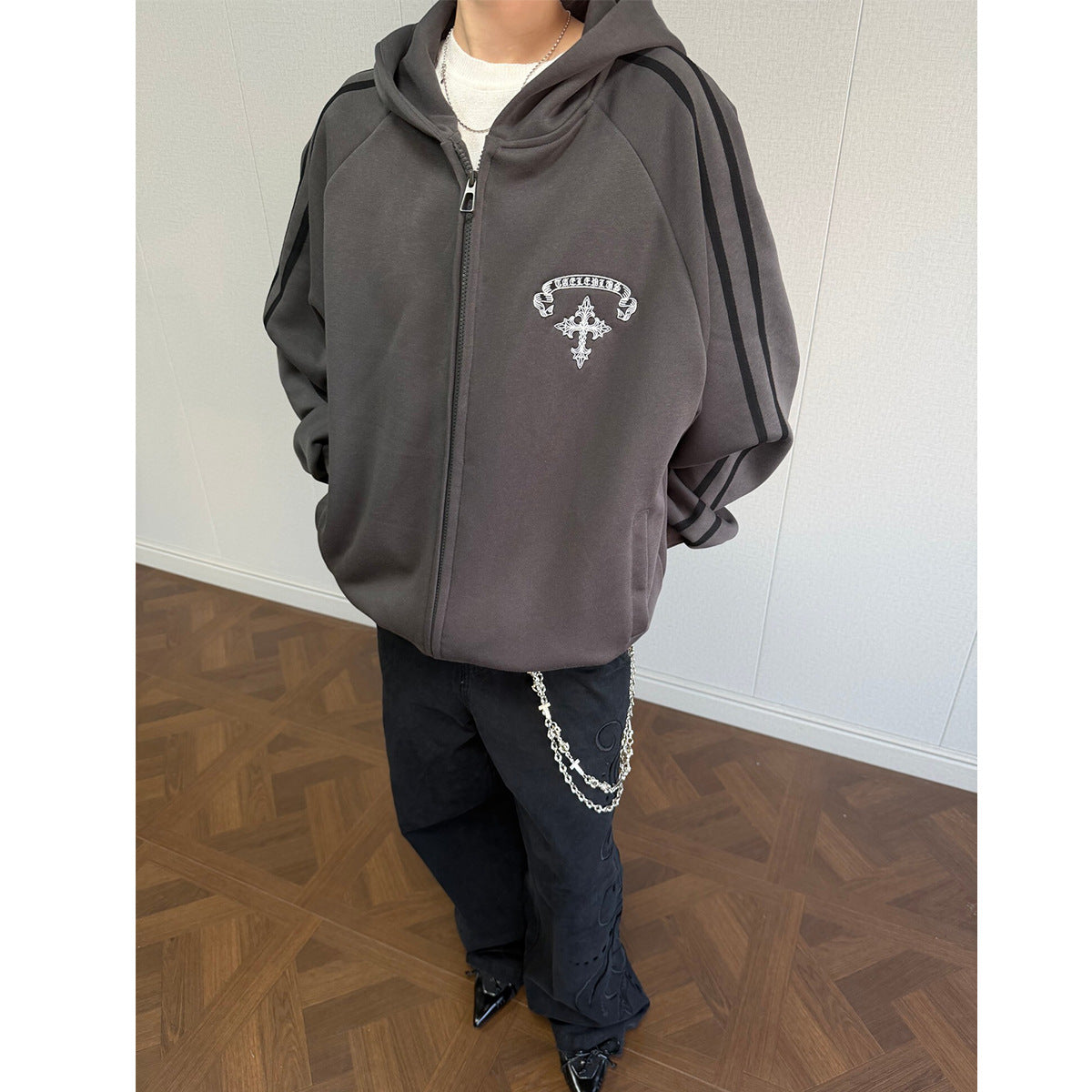 Stripe Cross Print Zipper Hoodie WN25496