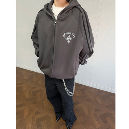 Stripe Cross Print Zipper Hoodie WN25496