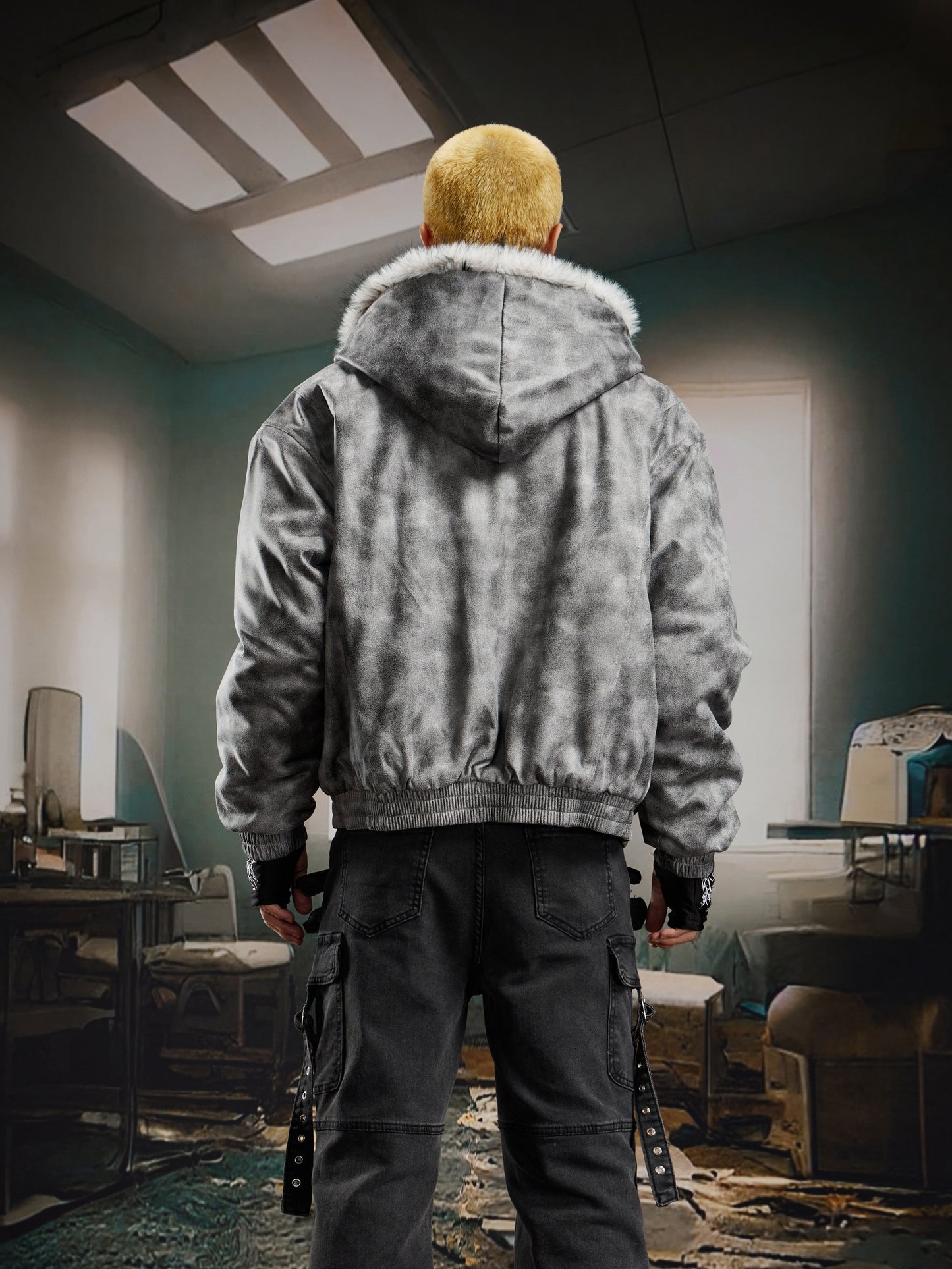 Washed Tie-Dye Suede Studded Fake Fur Hooded Puffer Jacket WN22756