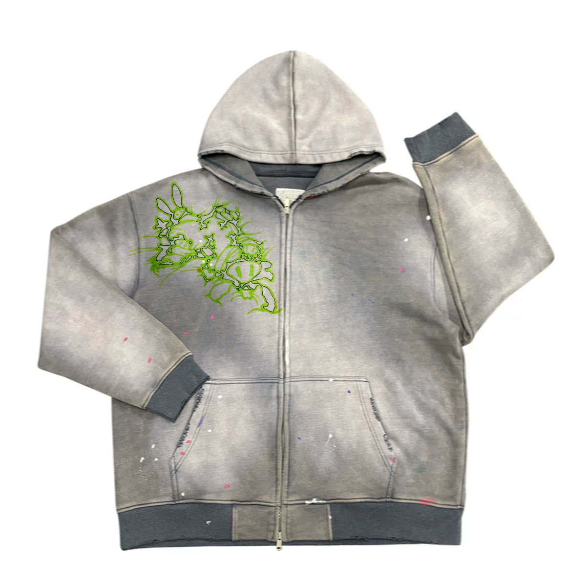 Neckline Print Washed Artistic Design Zipper Hoodie WN18746