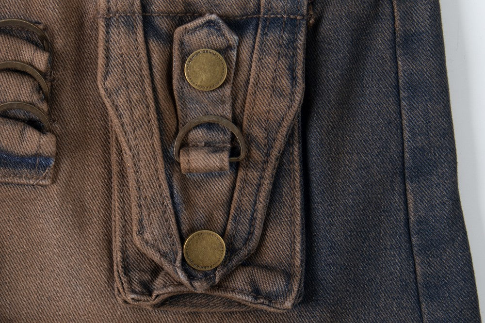 Damage Cargo Pocket Drawstring Wide Leg Denim Jeans WN27995
