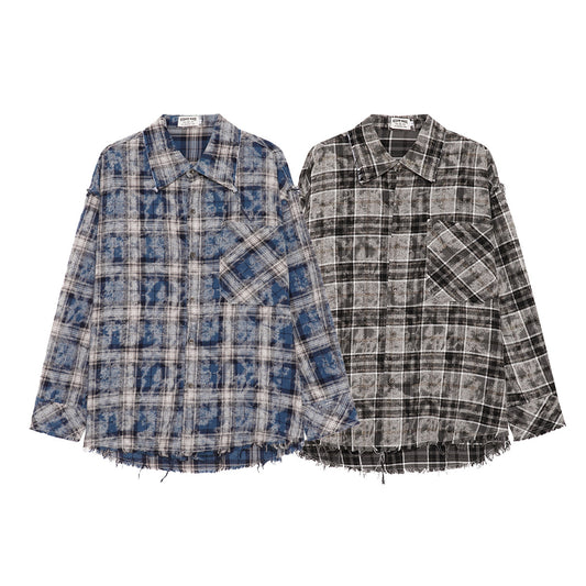 Plaid Washed Fringe Long Sleeve Shirt WN25379