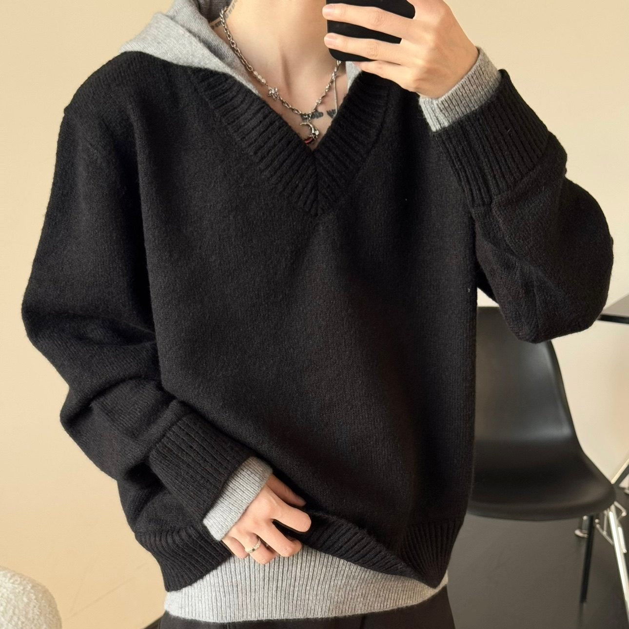 Fake Layered V-Neck Drop Shoulder Hooded Oversize Knit Sweater WN23186