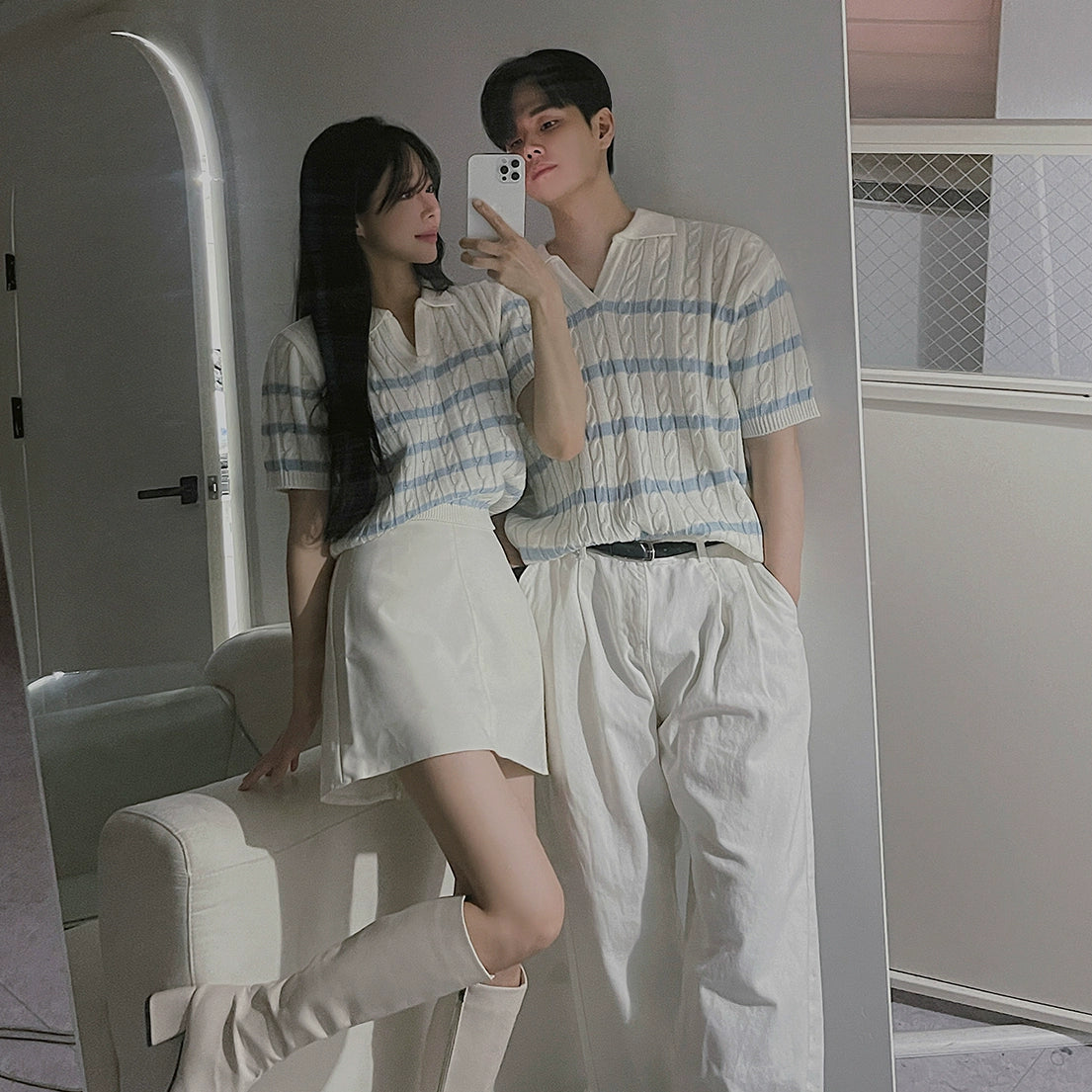 Cable Striped Collar Short Sleeve Knit Polo Shirt WN20302