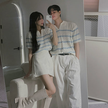 Cable Striped Collar Short Sleeve Knit Polo Shirt WN20302