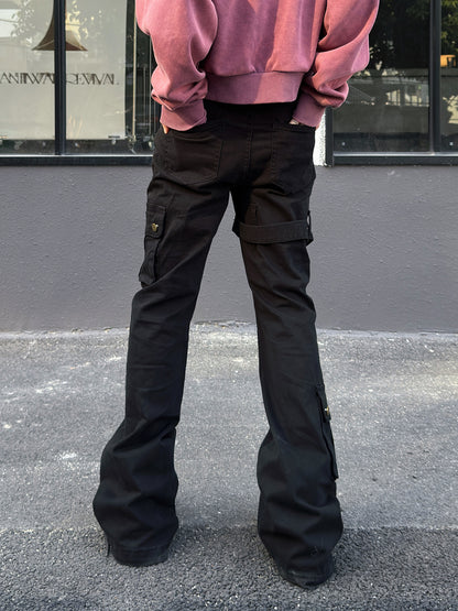 Metal Strap Pleats Multi-Pocket Slim Straight Cargo Pants WN23016