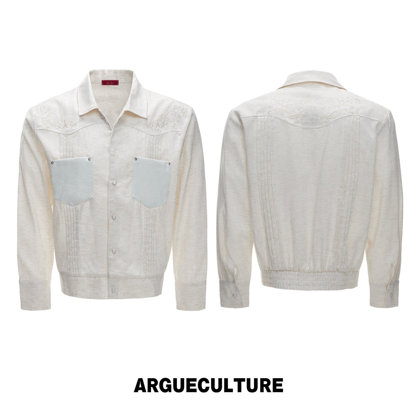 Floral Embroidery Linen Leather Panel Pleats Jacket WN27042