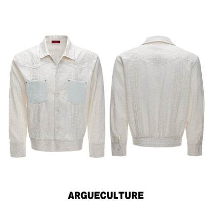 Floral Embroidery Linen Leather Panel Pleats Jacket WN27042