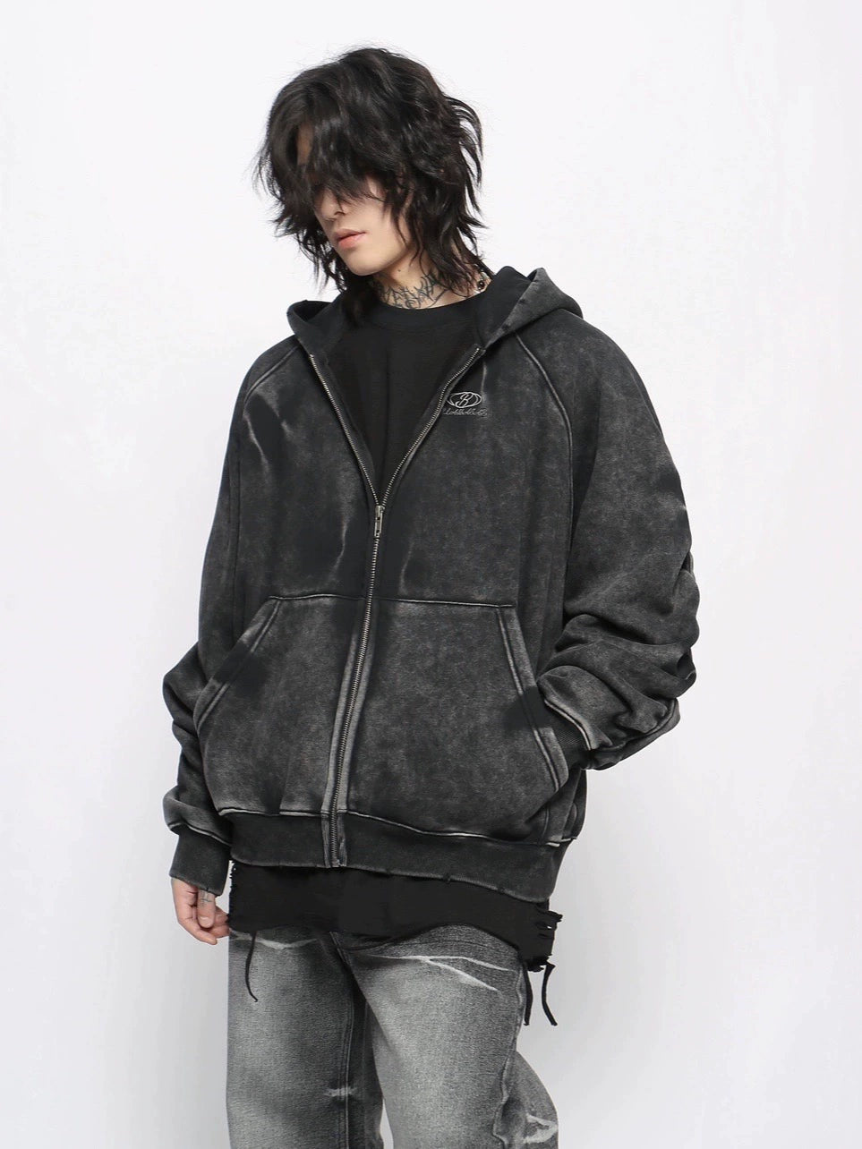 Washed Wrinkle Sleeve Fleece Linning Zipper Hoodie WN10955