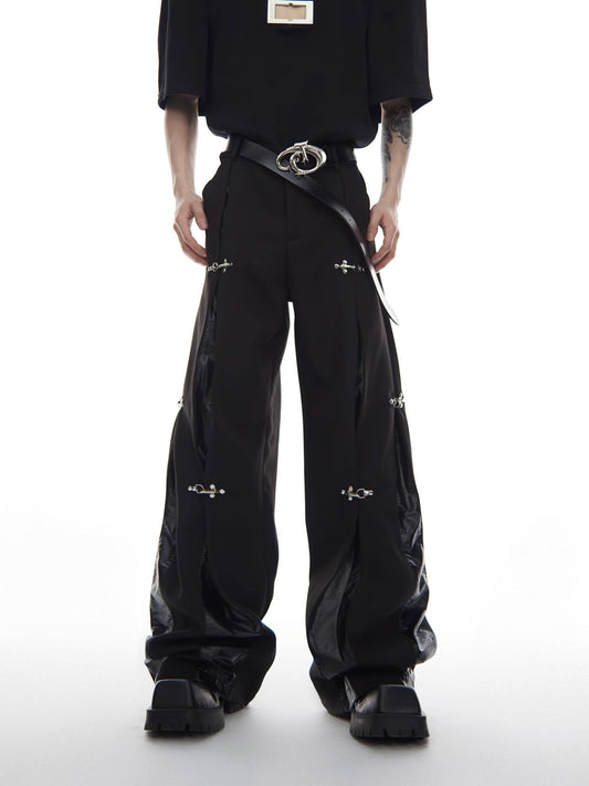 Metal Buckle Wide-Leg Straight Leather Splicing Design Pants WN6967