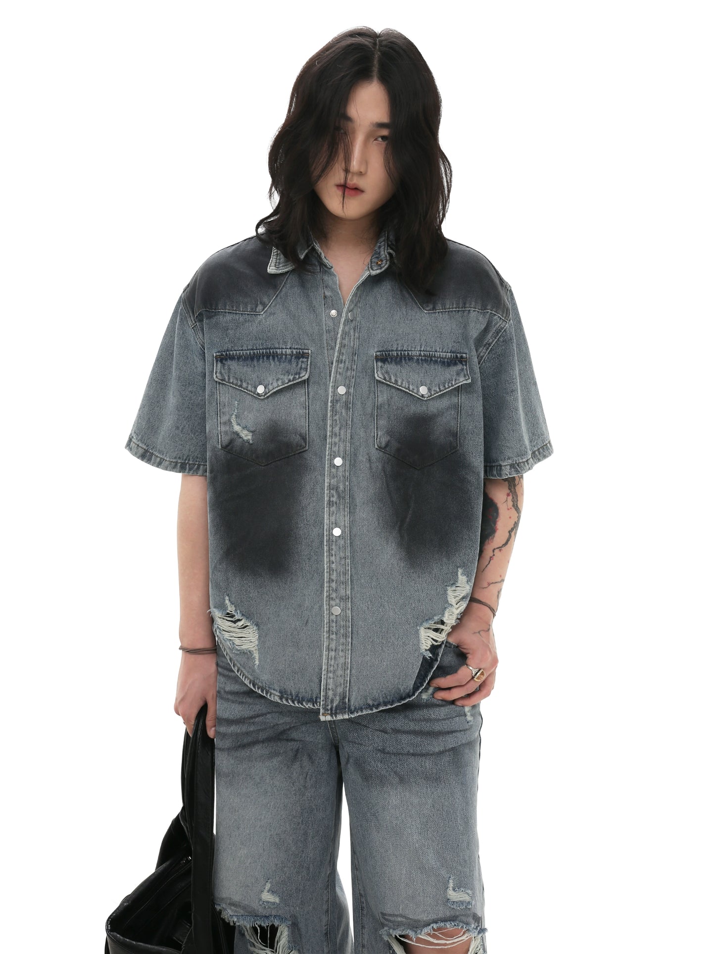 Damaged Denim Short Sleeve Shirt & Denim Jeans Setup WN7982