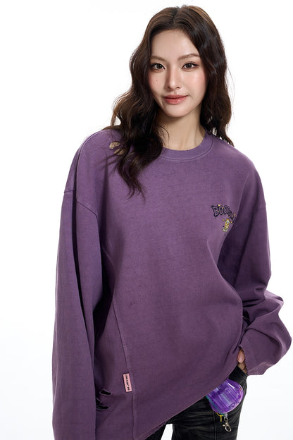 Oversize Damage Washed Crewneck Long Sleeve T-Shirt WN9818