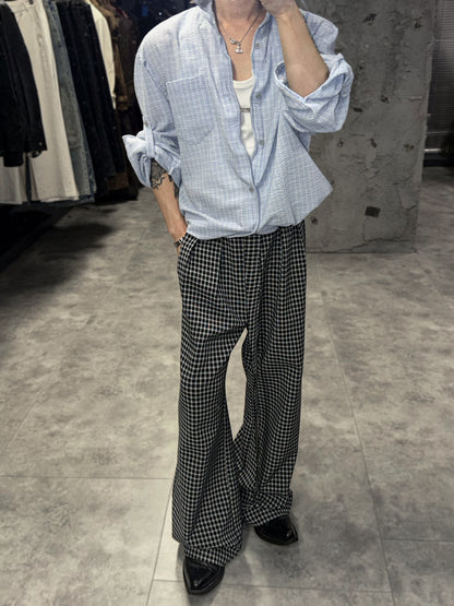 Plaid Pleats Adjustable Strap Wide Leg Trousers WN27047