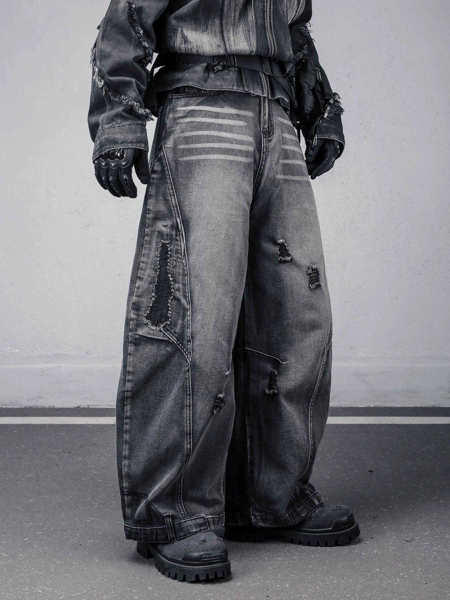 Damage Wash Wide Leg Denim Jeans WN22307