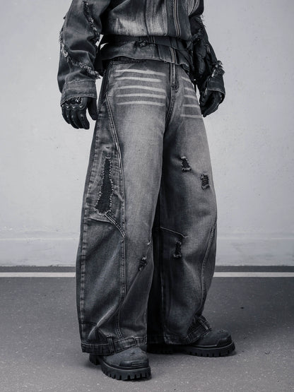 Damage Wash Wide Leg Denim Jeans WN22307