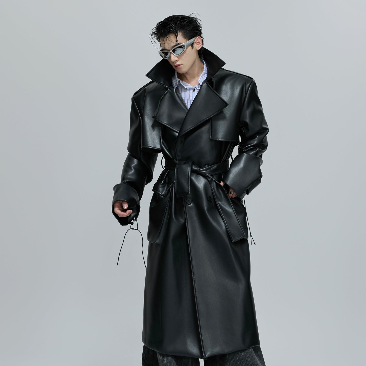 Deconstructed Shoulder-Pad PU Leather Coat WN21707