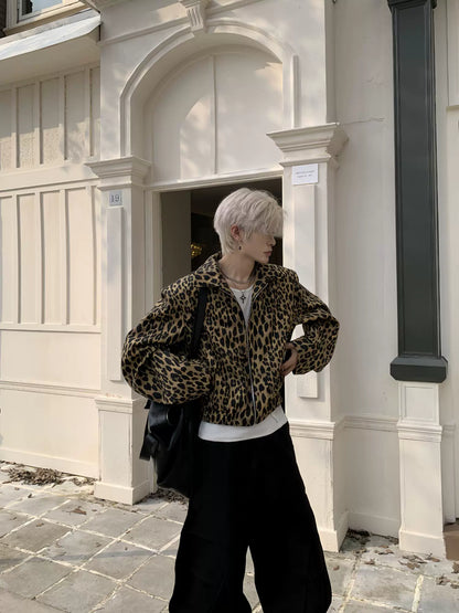 Leopard Print Curved Sleeve Short Zipper Jacket WN19916
