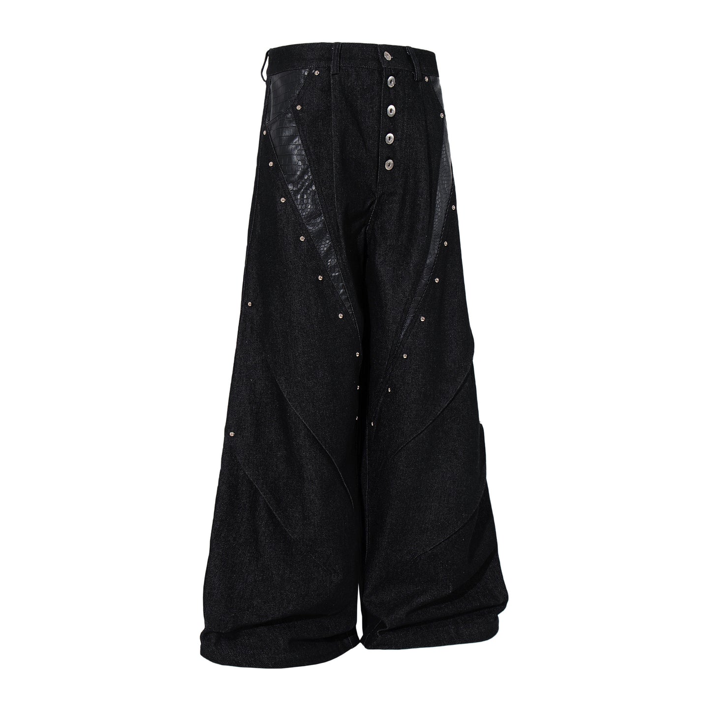 Studs PU Leather Panel Wide Leg Denim Jeans WN25799