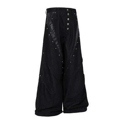 Studs PU Leather Panel Wide Leg Denim Jeans WN25799
