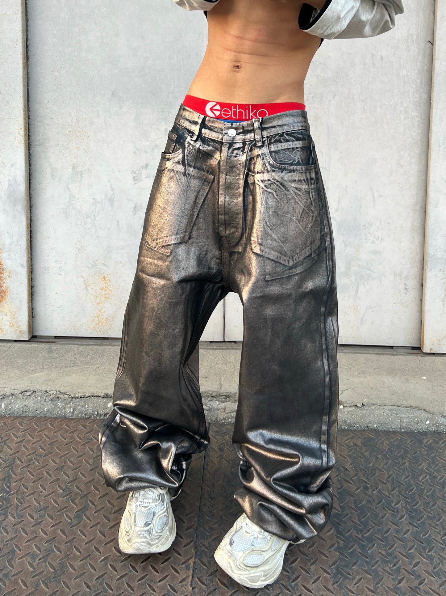 Metallic Glossy Wide Leg Denim Jeans WN24062