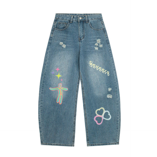 Star Heart Print Curved Wide Leg Denim Jeans WN25731