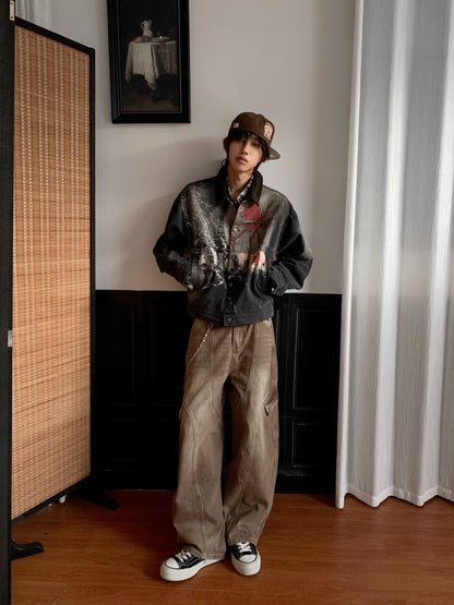 Washed Multi-Pocket Brown Wide Leg Denim Jeans WN22177