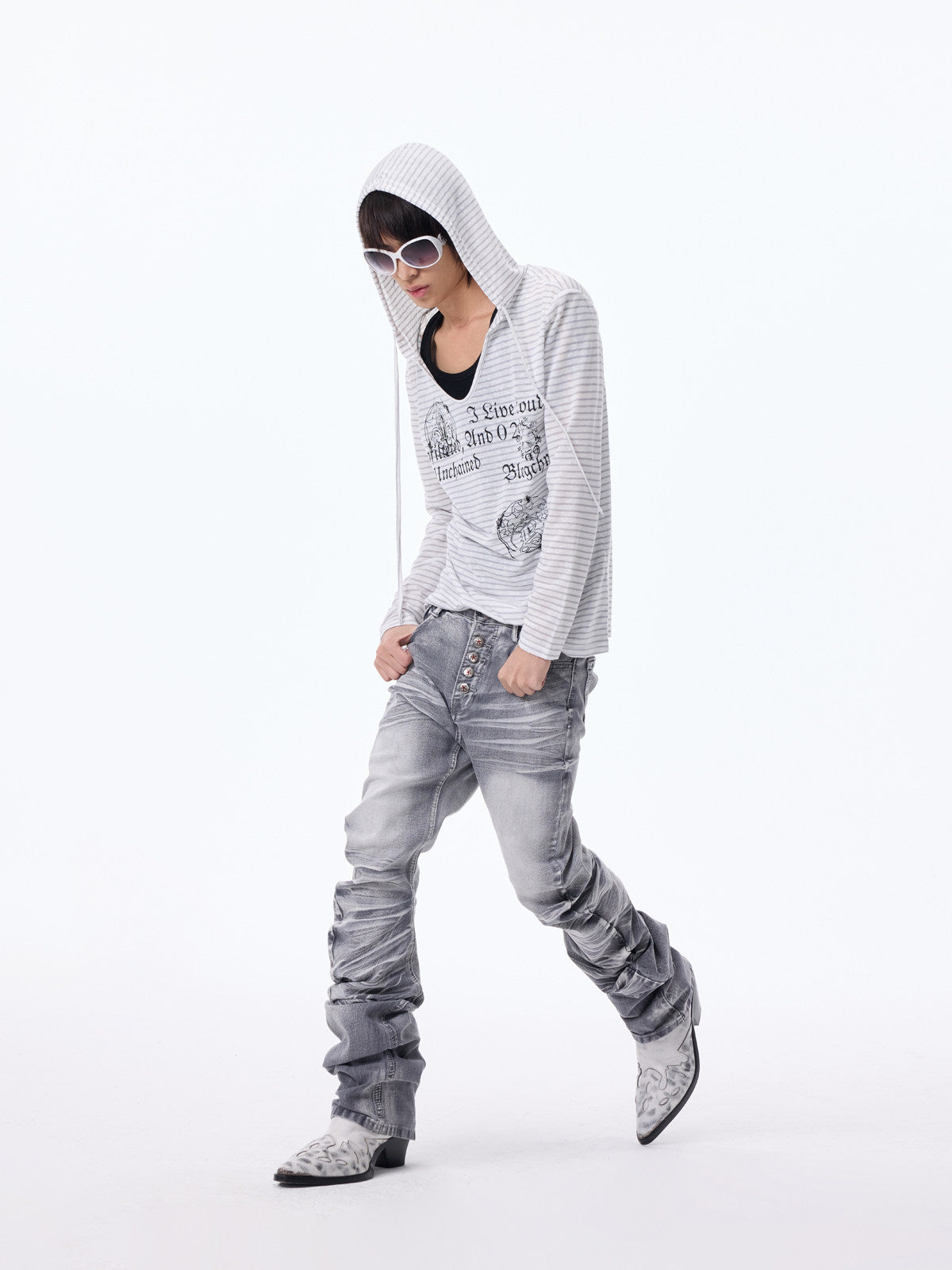 Striped Print Hooded Cropped Long Sleeve T-Shirt WN27315