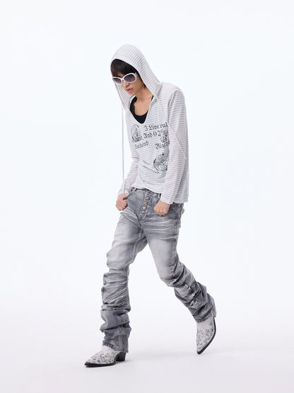 Striped Print Hooded Cropped Long Sleeve T-Shirt WN27315