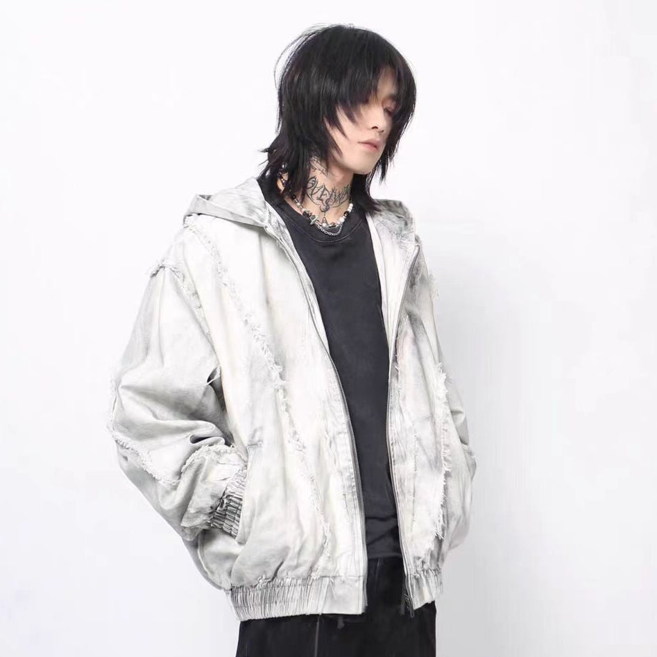 Frayed Damage Hooded Zipper Jacket WN27974