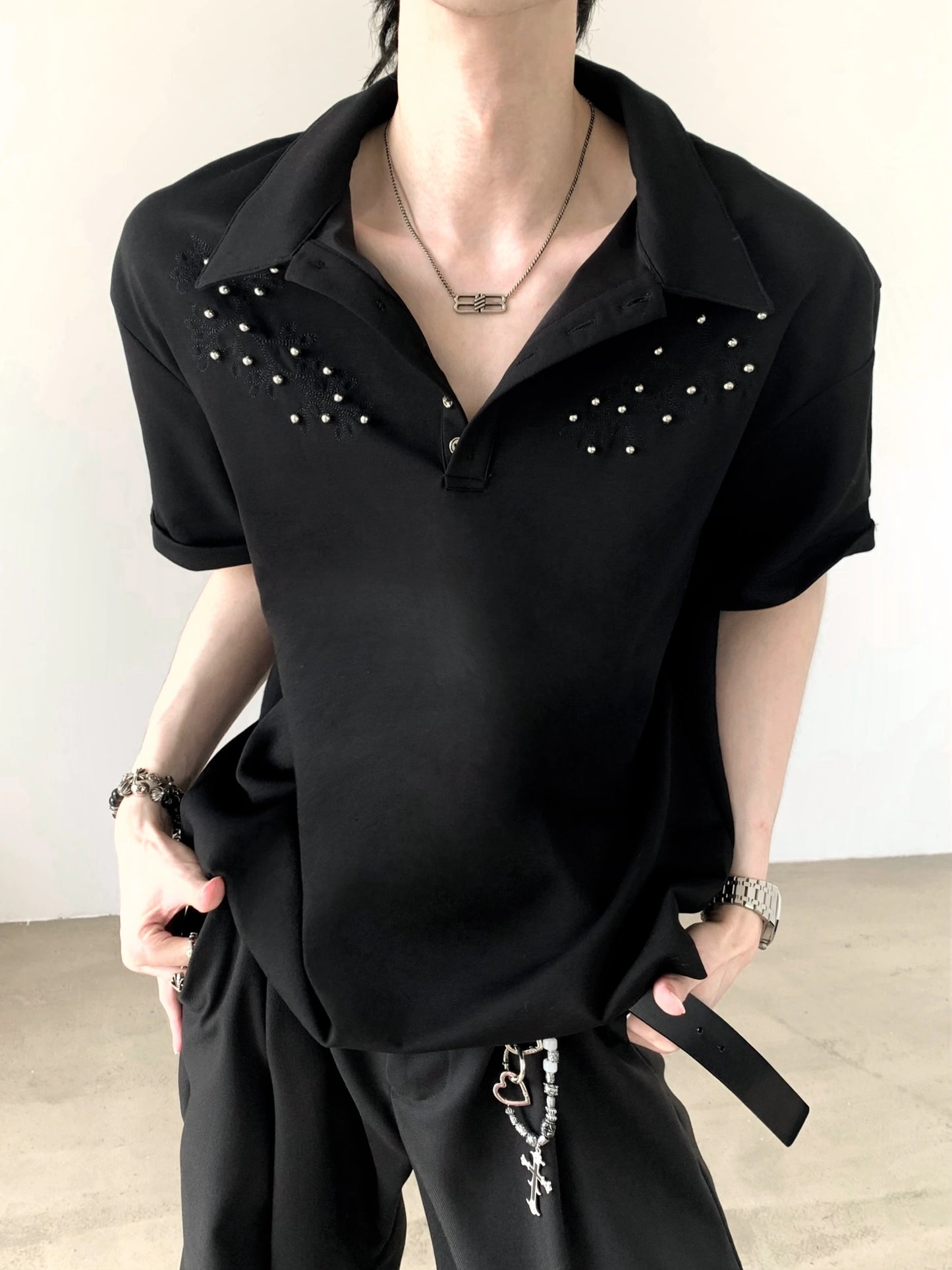 Studs Design Plain Collar Oversize Short Sleeve Polo Shirt WN20358