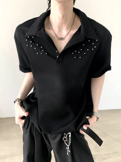 Studs Design Plain Collar Oversize Short Sleeve Polo Shirt WN20358