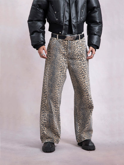 Washed Leopard Print Straight Denim Jeans WN9316