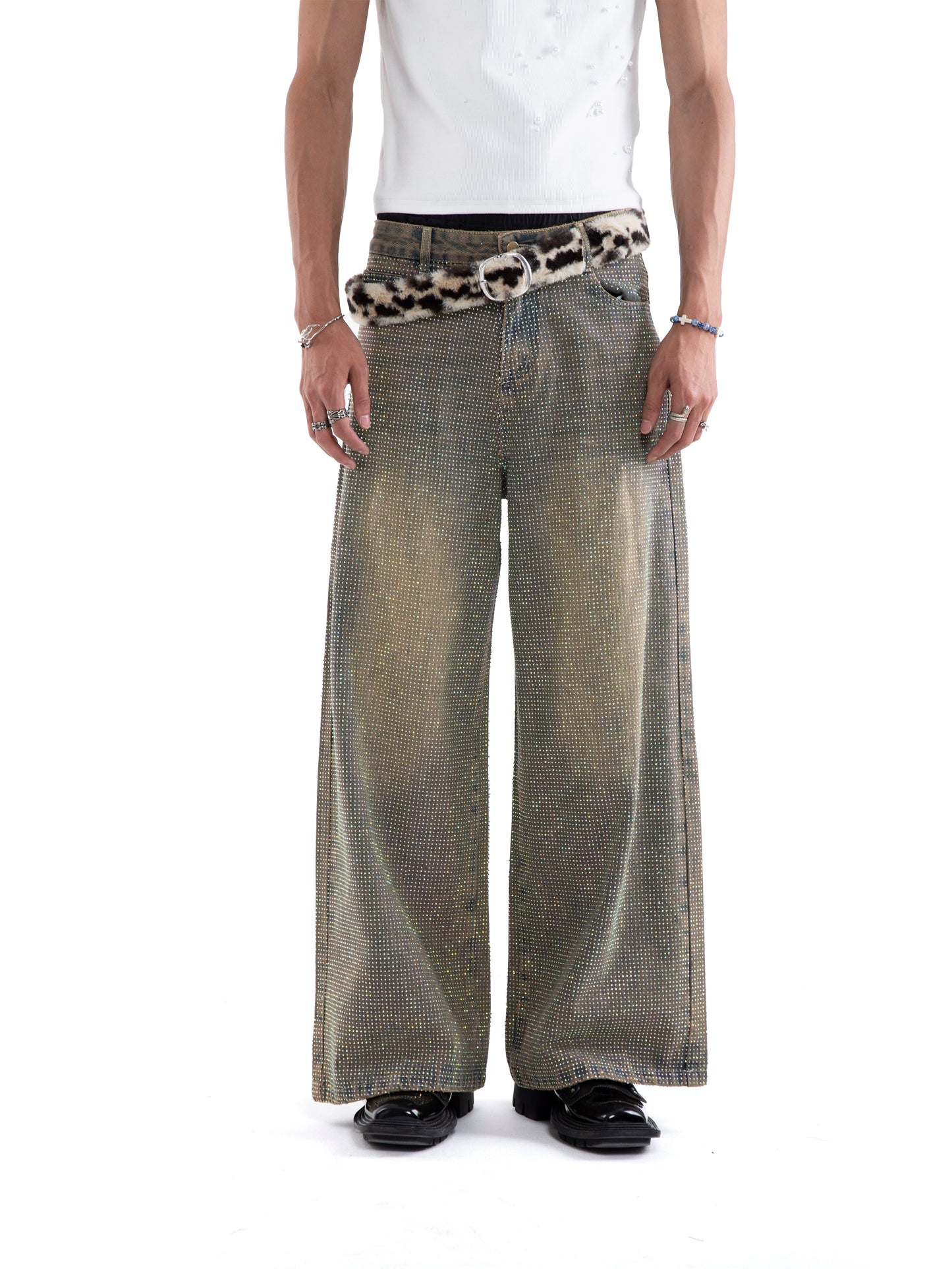 Rhinestone Washed Strap Wide Leg Straight Denim Jeans WN20648