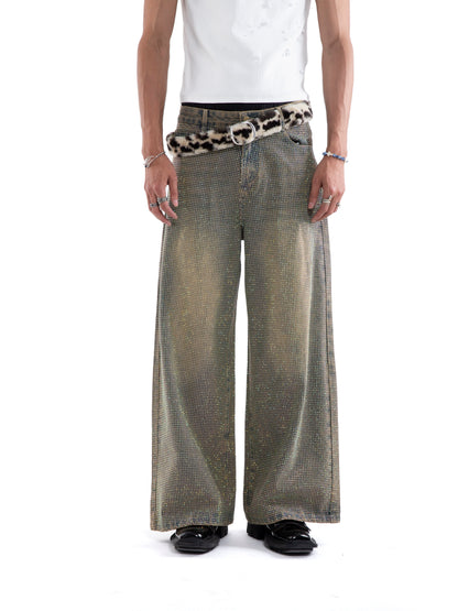 Rhinestone Washed Strap Wide Leg Straight Denim Jeans WN20648