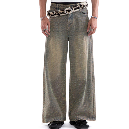 Rhinestone Washed Strap Wide Leg Straight Denim Jeans WN20648